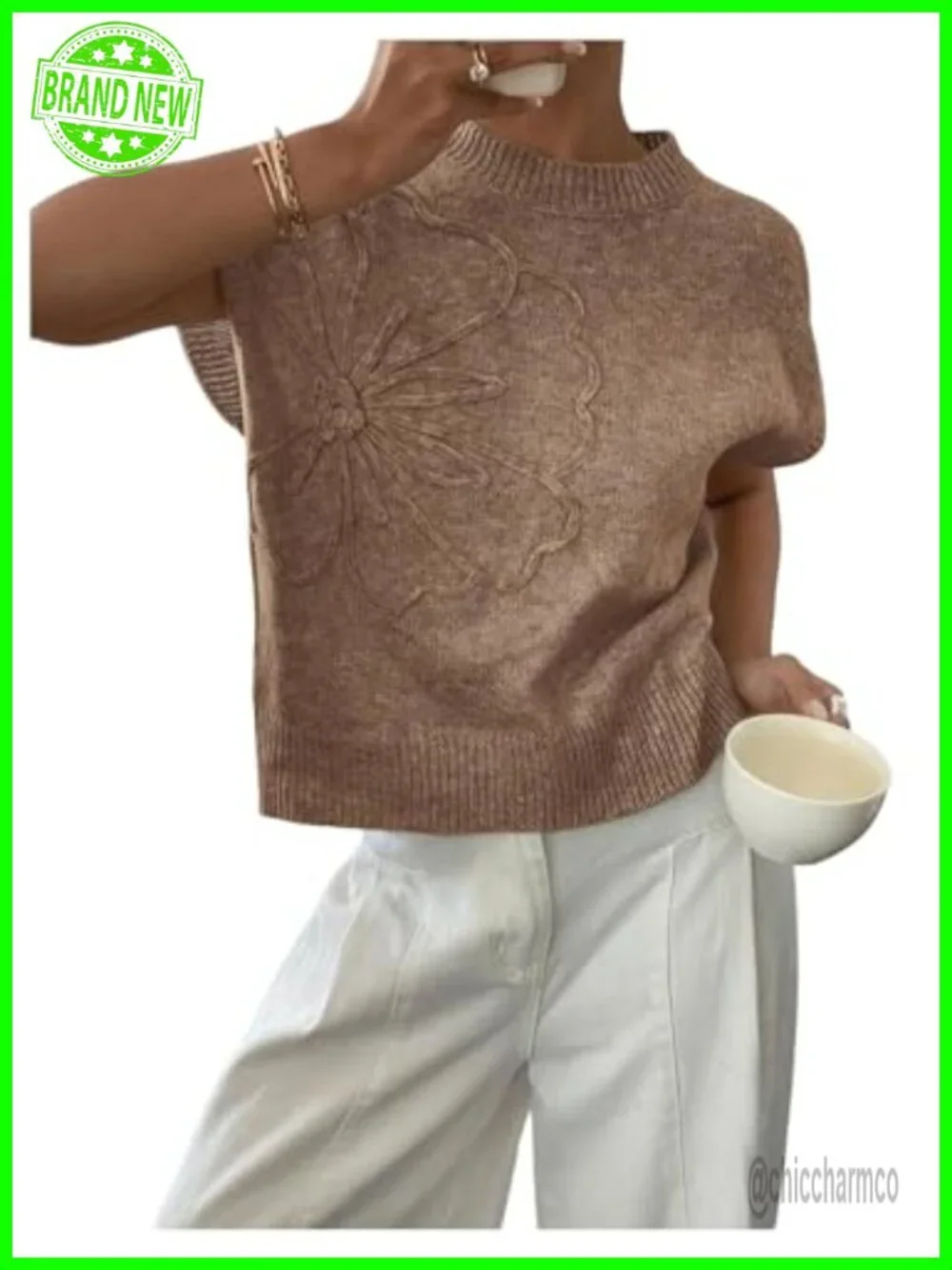 Women's Short Sleeve Sweater Vest 3D Floral Decor Knit Crewneck Top